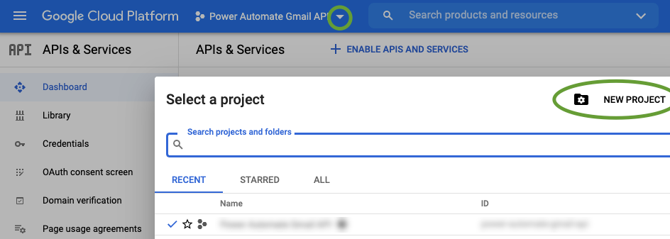 Screenshot of New Project link near the top right corner of the Select a Project panel in Google Cloud Platform APIs and Services Console