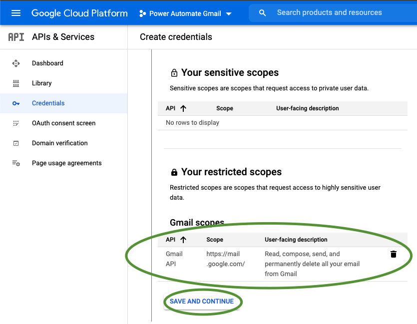 Screenshot of the https://mail.google.com scope appearing under the Your restricted scopes section of the Gmail API screen in Google Cloud Platform APIs and Services Console