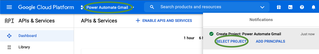 Screenshot showing 2 ways to select the new project in Google Cloud Platform APIs and Services Console. Either the dropdown on the Dashboard page OR the Select Project link under Notifications can be used