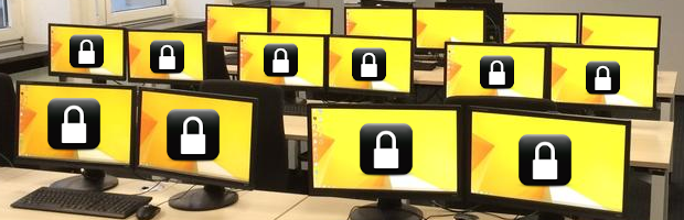 Decorative title image of computers in a lab with pad lock icons on the screen