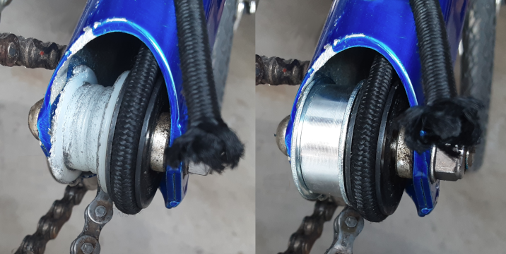 Picture comparing original, worn out pulley and replacement pulley wheel installed on to the Row bike’s power lever