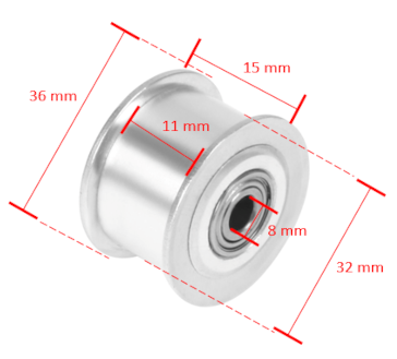 Picture of replacement pulley wheel with dimensions: 8 mm bore (axle), 11 mm wide slot, XX mm outer width, 32 mm outer diameter