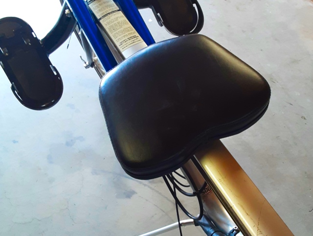 Photo (top view) of the smaller, Stamina 1399 rower seat mounted to the Rowbike 726 King