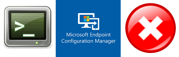 Decorative title image of terminal clip art, Microsoft Endpoint Configuration Manager logo, and error (circle with red &ldquo;X&rdquo;) clip art
