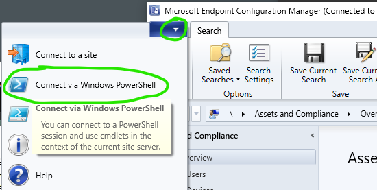 Screenshot demostrating the “Connect via Windows PowerShell” option under the dropdown menu in the top left corner of the Configuration Manager console interface