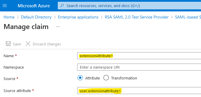 Screenshot of adding extensionAttribute1 (sourced from user.extensionAttribute1) as a custom claim to an Azure AD Enterprise Application (SAML)