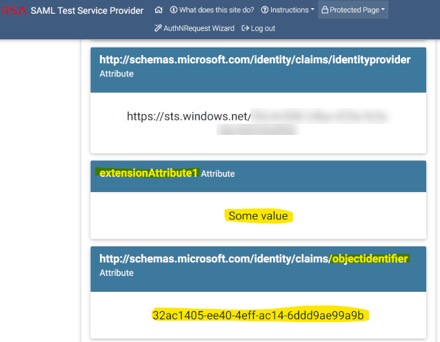 Screenshot of the custom extensionAttribute1 claim’s value in the SAML response via the RSA SAML 2.0 Test Service Provider