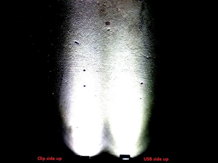 Comparing the light pattern with ShredLights SL-200 mounted with the clip side up vs. the USB side up