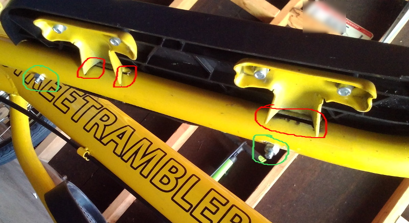 Street Rambler pedal separation and fix - bottom view (damage and fix circled)