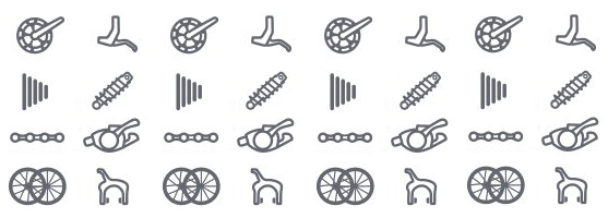 Decorative title image of various bicycle parts and components