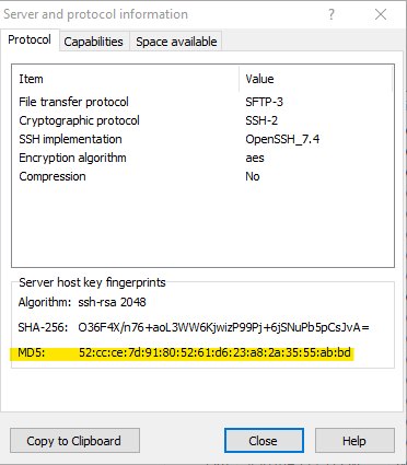 WinSCP session information, including SSH host key fingerprint