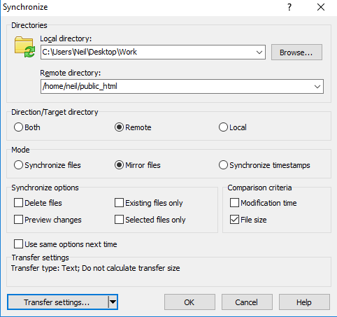 WinSCP sync settings to push changes files back to web host