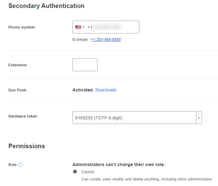 Screenshot of administrator settings in Duo and attaching a hardware token