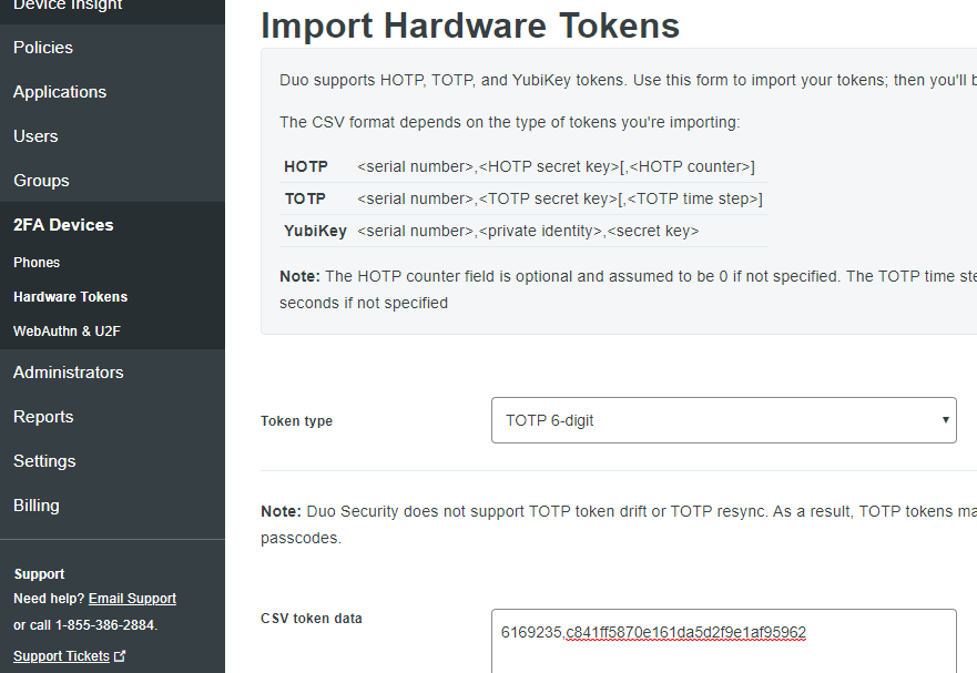 Screenshot of Hardware Token import screen in the Duo Console